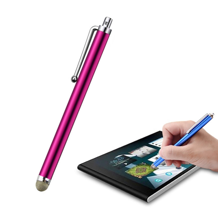 Capacitive stylus pen with magenta body and fiber tip, used on tablet touchscreen