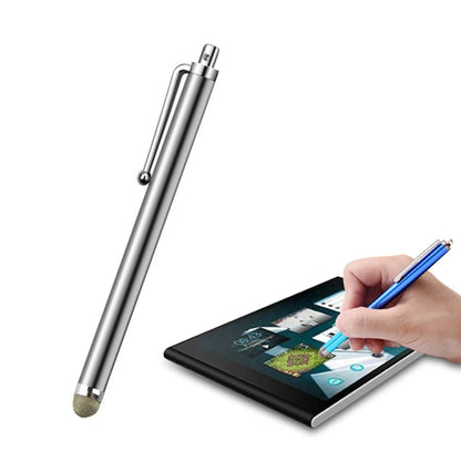 Capacitive stylus pen with silver body and fiber tip, used on tablet touchscreen