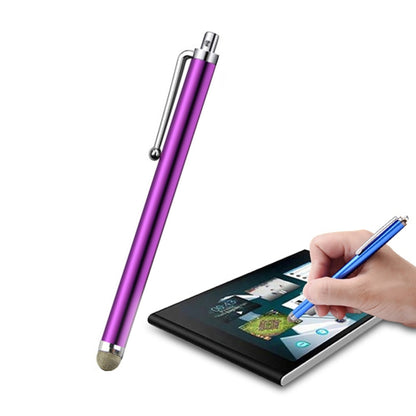 Capacitive stylus pen with purple body and fiber tip, used on tablet touchscreen