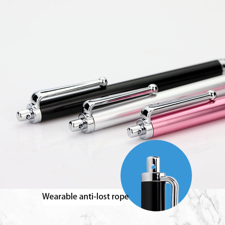 Capacitive stylus pens with anti-lost rope, close-up of black, silver, and rose bodies