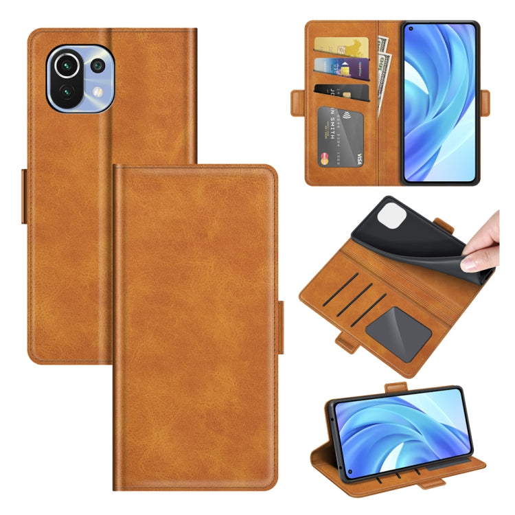 Brown leather flip phone wallet case with card slots and magnetic buckle closure.