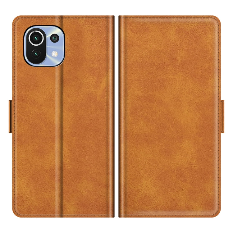 Brown horizontal flip leather wallet case with cutout for camera and phone buttons.