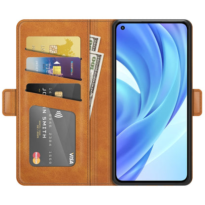 Brown leather flip wallet case with visible card slots and phone screen opening.