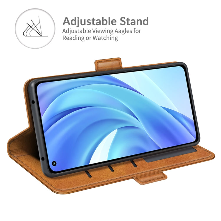 Brown leather flip wallet case with adjustable stand for watching and reading.