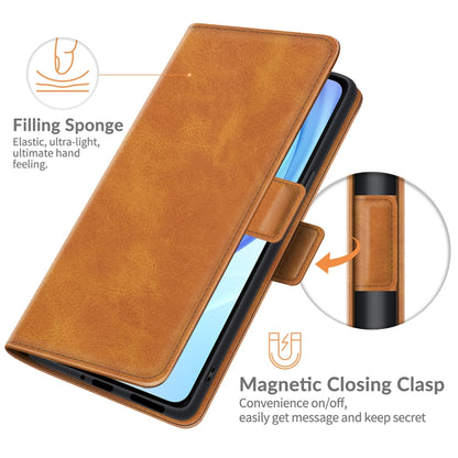 Brown leather flip wallet case with magnetic closing clasp and slim card holder.