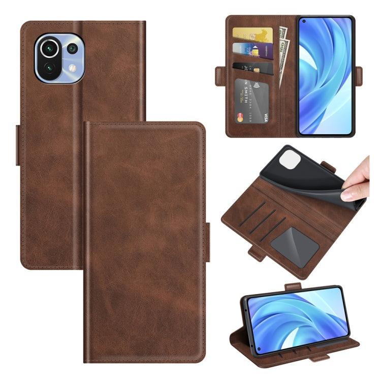 Brown leather flip phone wallet case with card slots and horizontal flip cover.