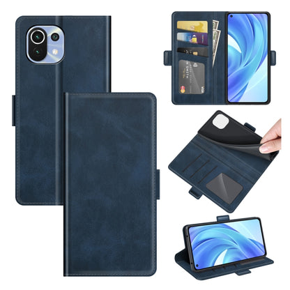 Dark blue leather flip phone wallet case with card slots and magnetic buckle closure.