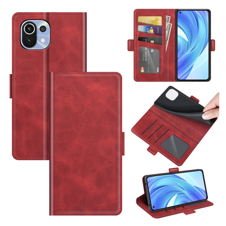 Red leather flip phone wallet case with card slots and magnetic buckle closure.