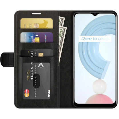 Black textured flip phone case with card and wallet slots, shown open with phone