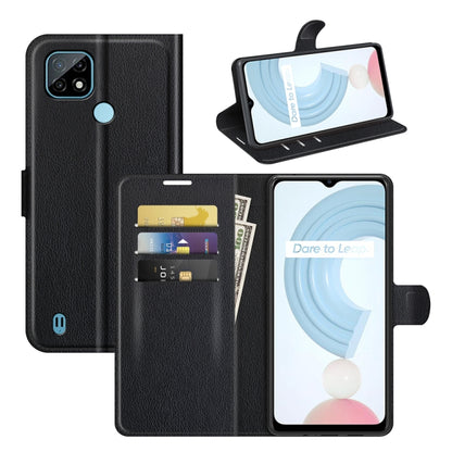 Black textured flip wallet case with card slots and stand for phone