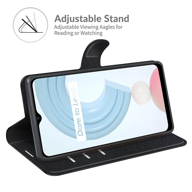 Black flip wallet phone case with adjustable stand and card slots