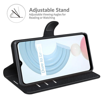 Black flip wallet phone case with adjustable stand and card slots