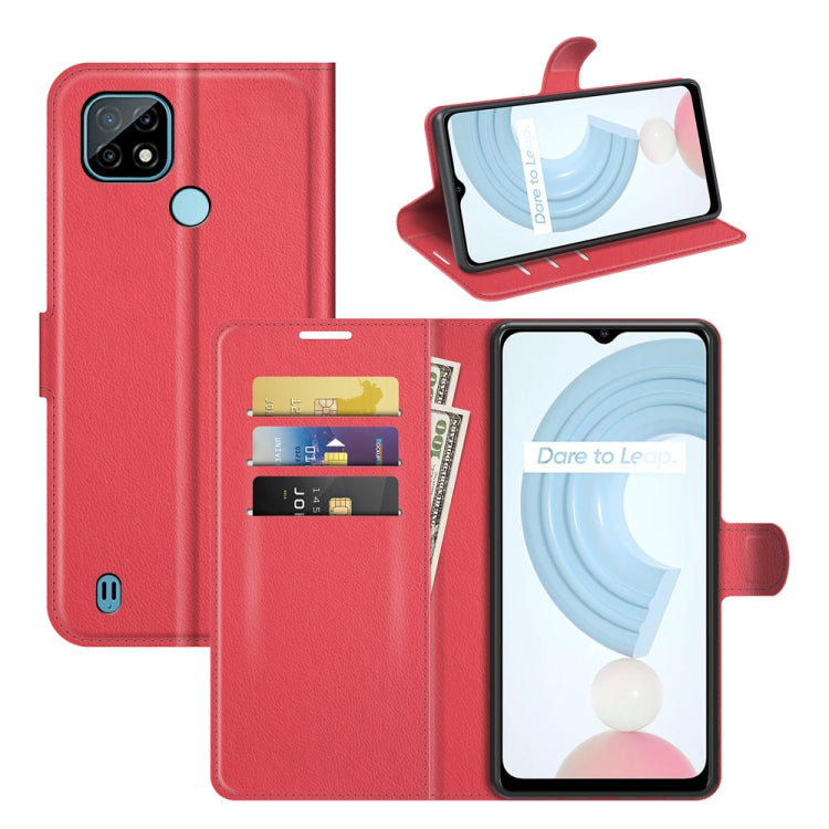 Red textured flip wallet case with card slots and viewing stand