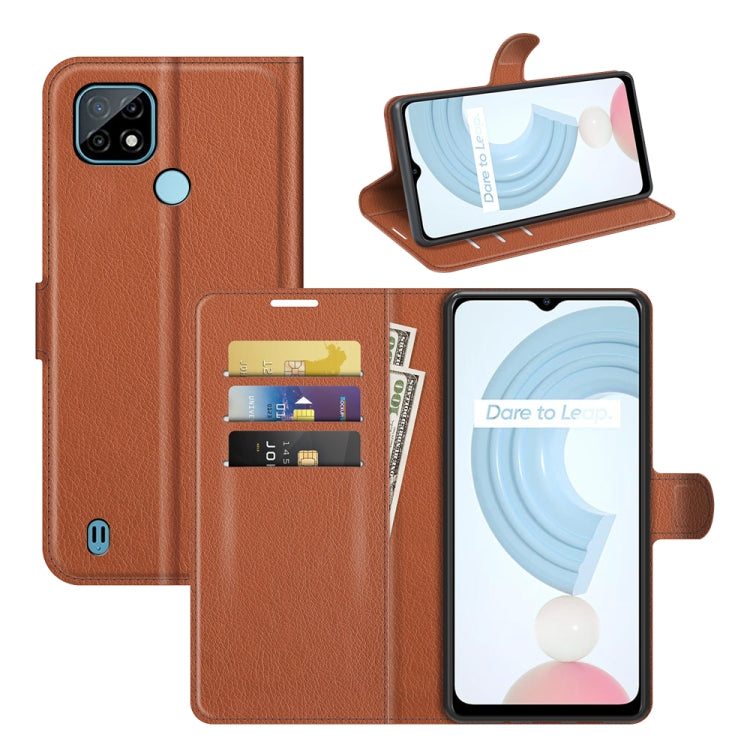 Brown textured flip wallet case with card slots and viewing stand