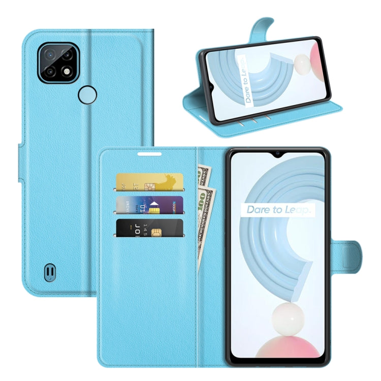 Litchi texture flip phone case with card slots and wallet holder for OPPO Realme C21, blue