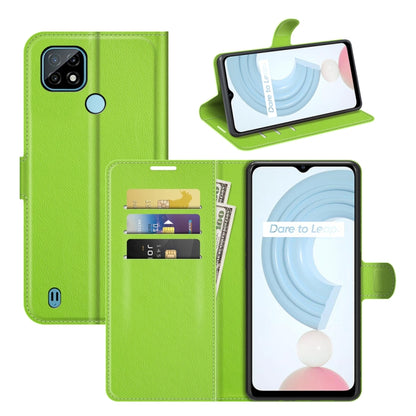 Litchi texture flip phone case with card slots and wallet holder for OPPO Realme C21, green