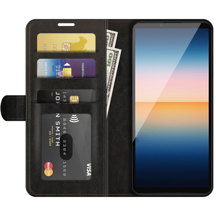 Black flip phone case with front card holder slots and viewing stand.