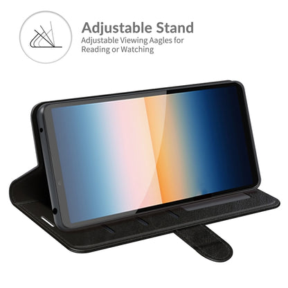 Black horizontal flip phone case propped up as an adjustable viewing stand.