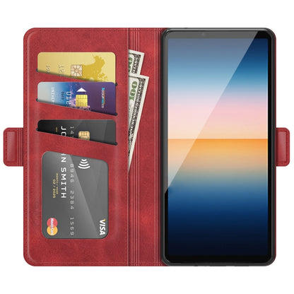 Red leather wallet flip case for Sony Xperia 10 III with card holders and phone view