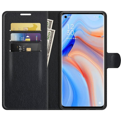 Black wallet-style phone case with flip cover and visible card slots