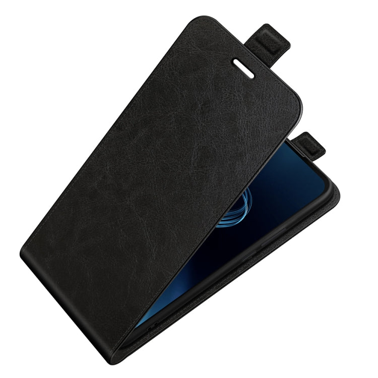 Black leather folio flip phone case with side button cutouts and card pocket