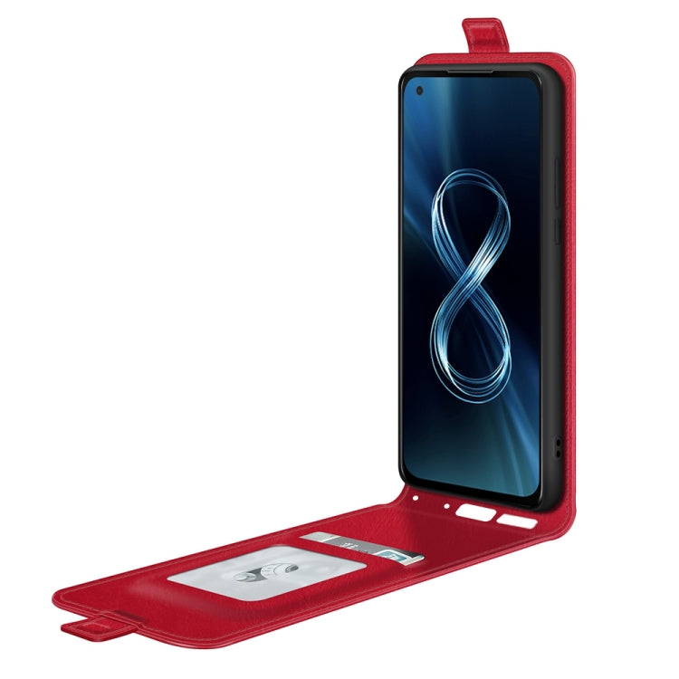 Red leather flip phone case with card slots and photo frame window