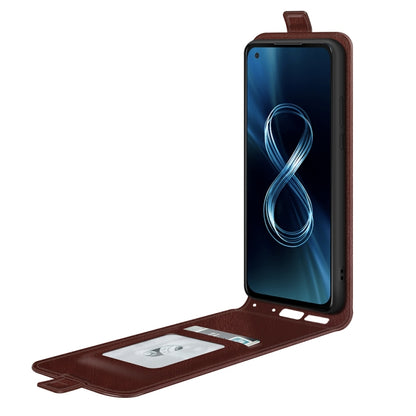 Brown leather flip phone case with card slots and photo frame window