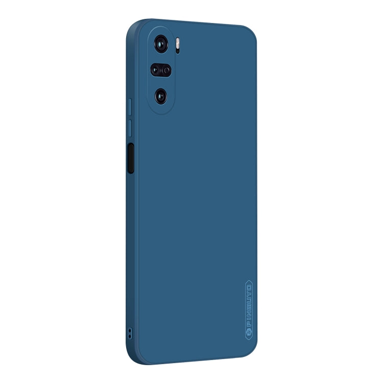 Blue liquid silicone TPU phone case with camera cutouts and slim protective edges