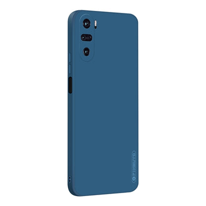 Blue liquid silicone TPU phone case with camera cutouts and slim protective edges