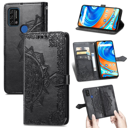 Black embossed mandala flip leather phone case with card slots and kickstand, lanyard loop