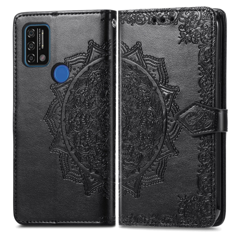 Black embossed mandala leather flip phone case with blue button and side strap