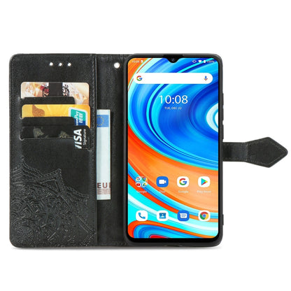 Black embossed mandala wallet case with card pockets, flip cover and phone holder