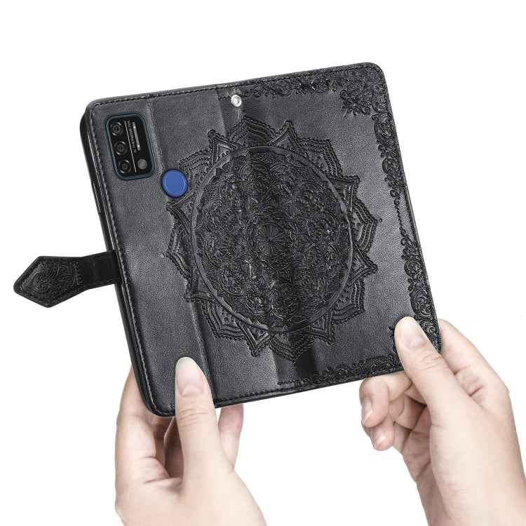 Black embossed mandala flip leather case with magnetic strap and phone back protection