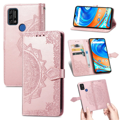 Rose pink embossed mandala flip leather phone case with card slots and strap
