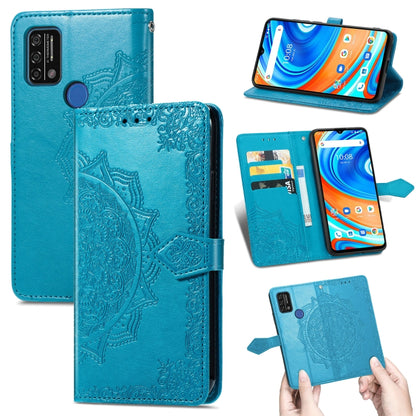 Blue embossed mandala flip leather phone case with card slots and stand