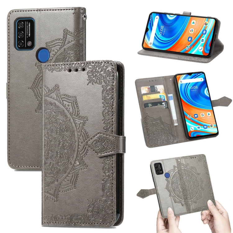 Grey embossed mandala flip leather phone case with card slots and stand features