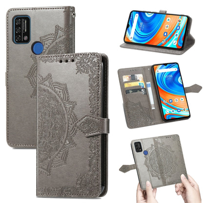 Grey embossed mandala flip leather phone case with card slots and stand features