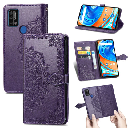 Purple embossed mandala leather flip phone case with card slots and magnetic strap
