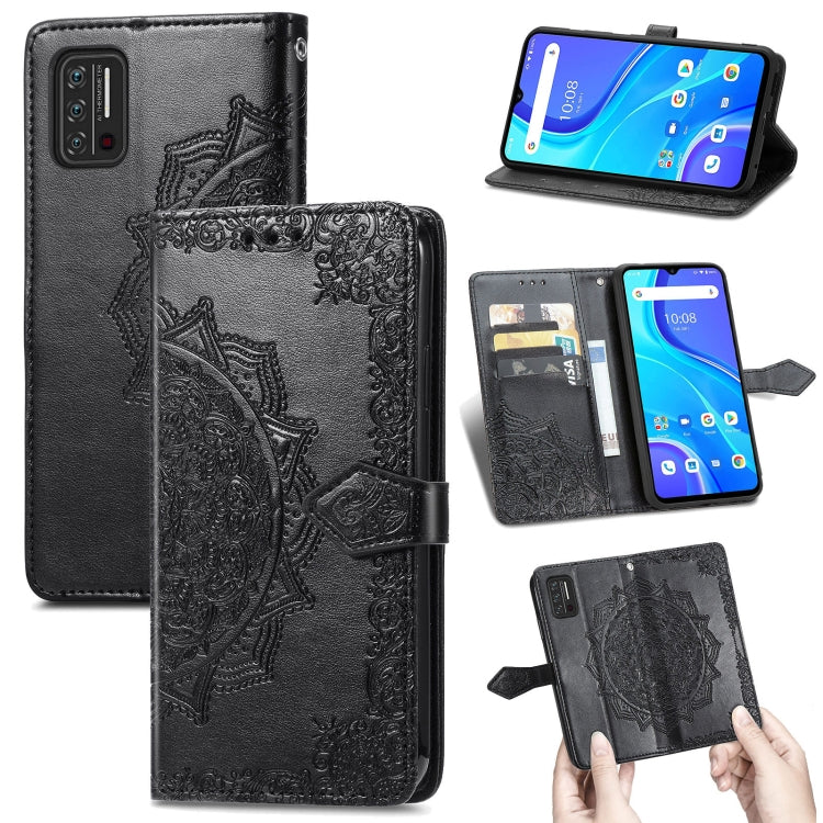 Black embossed mandala leather flip phone case with card slots and magnetic strap