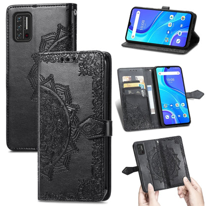 Black embossed mandala leather flip phone case with card slots and magnetic strap