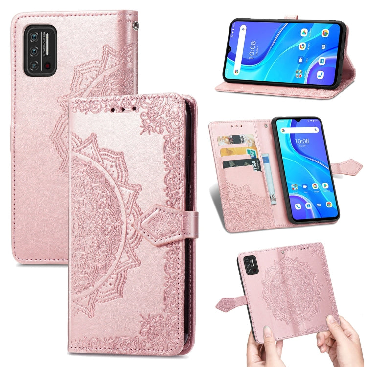 Rose pink embossed mandala leather flip phone case with card slots and magnetic strap