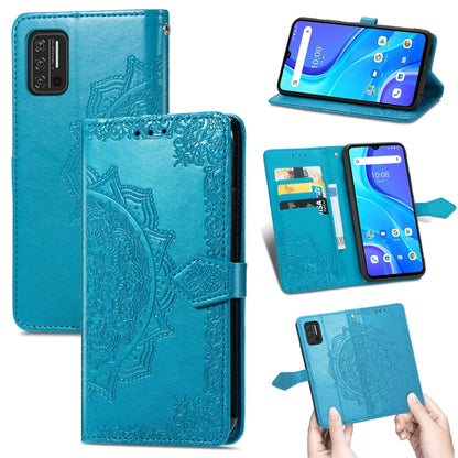 Blue embossed mandala leather flip phone case with card slots and magnetic strap