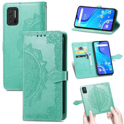 Green embossed mandala leather flip phone case with card slots and magnetic strap