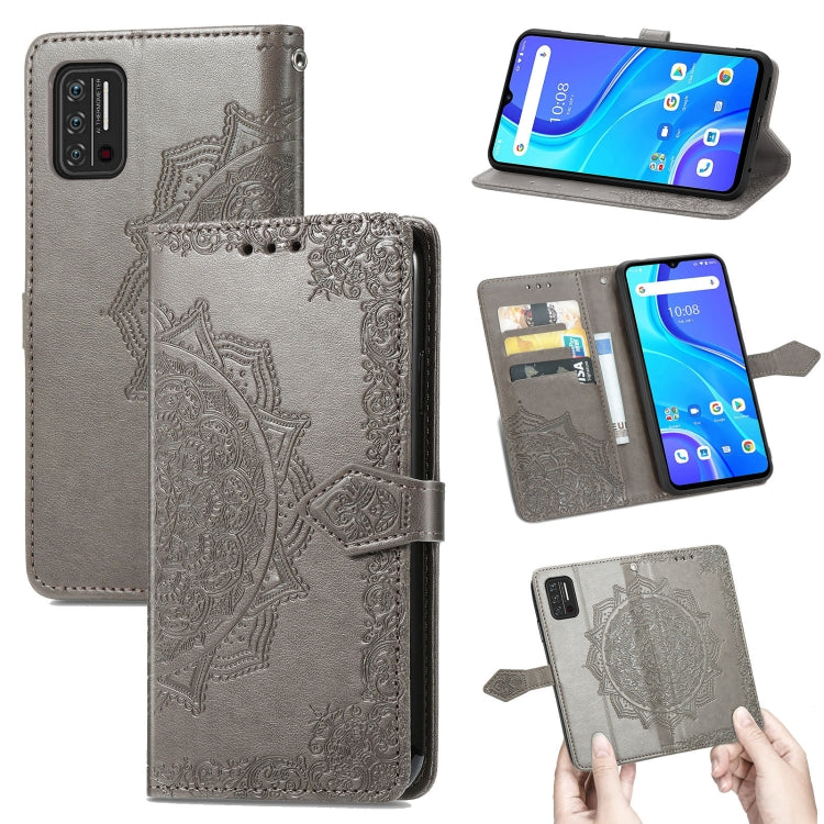 Grey embossed mandala leather flip phone case with card slots and magnetic strap