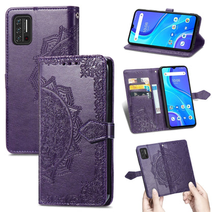 Purple embossed mandala leather flip phone case with front flap open and card slots