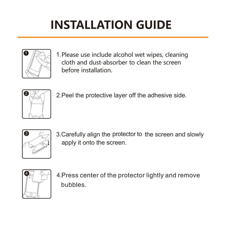 Installation guide sheet for full glue tempered glass screen protector, steps 1–4