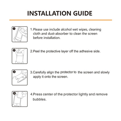 Screen protector installation guide with numbered steps for cleaning and applying