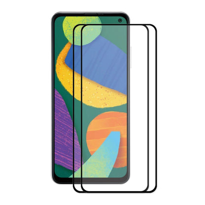 Two full-coverage tempered glass screen protectors with cutouts and adhesive layer