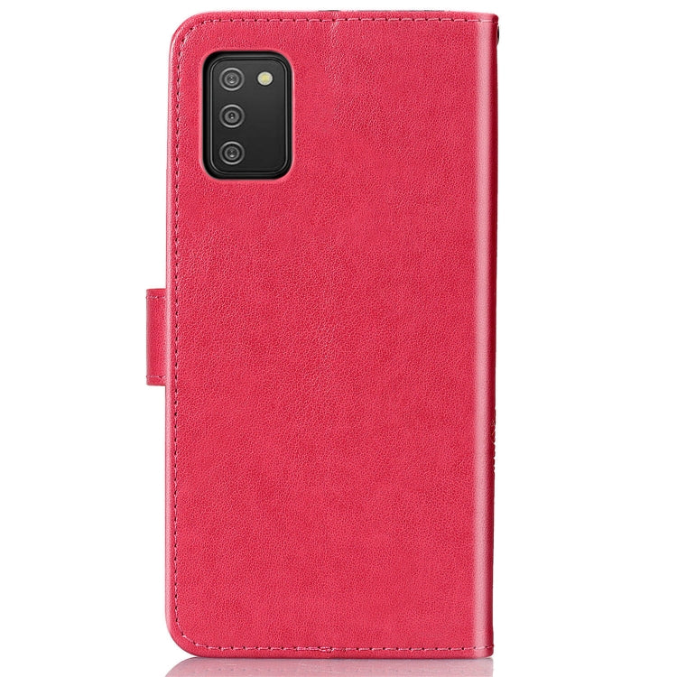 Magenta leather folio phone case with stitched edges and embossed floral detail