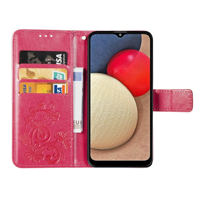 Magenta embossed leather wallet phone case with card slots and magnetic closure